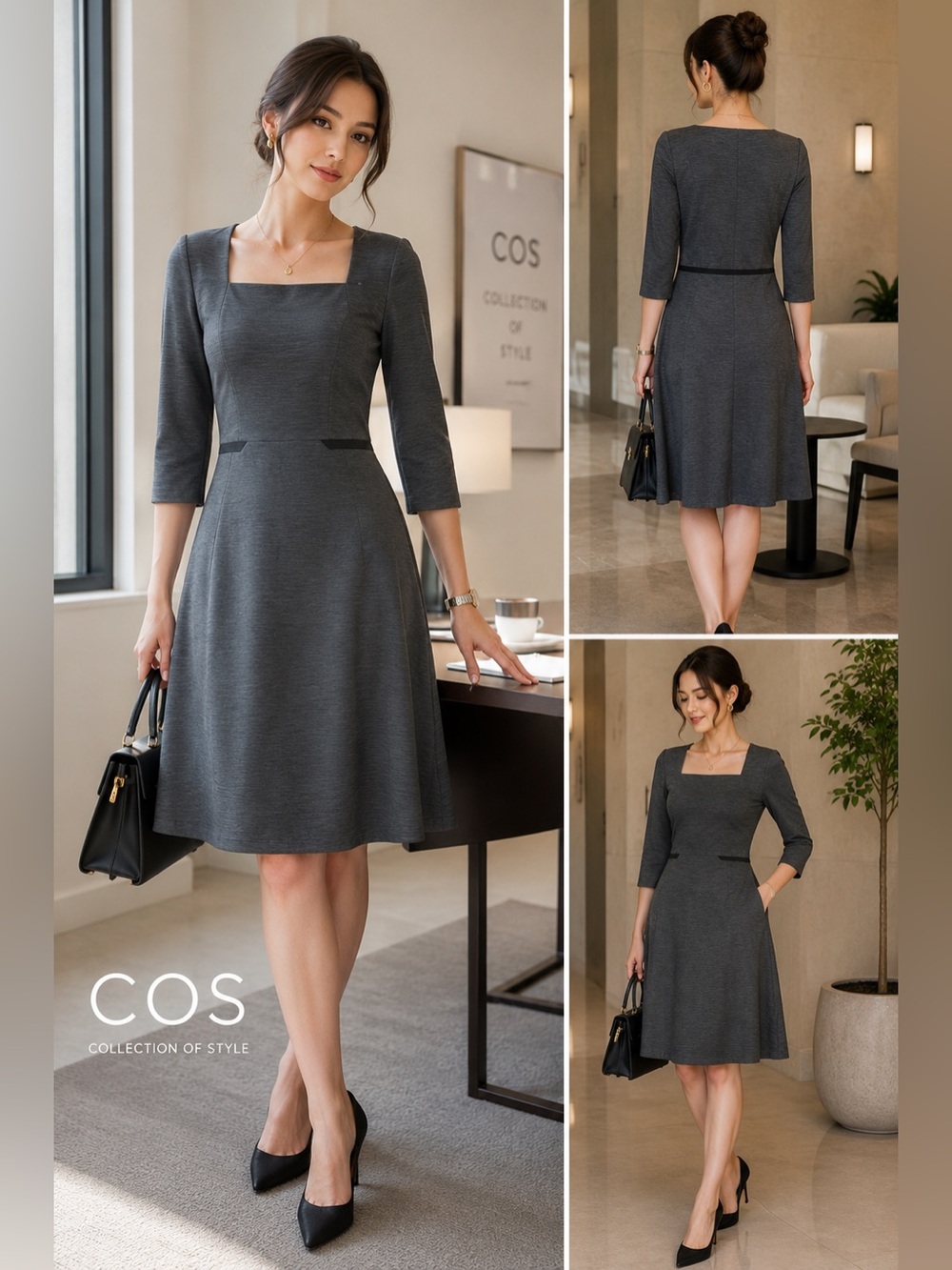 COS Gray Square Neck Knit Dress 3/4 Sleeve Minimalist Office Career Size M